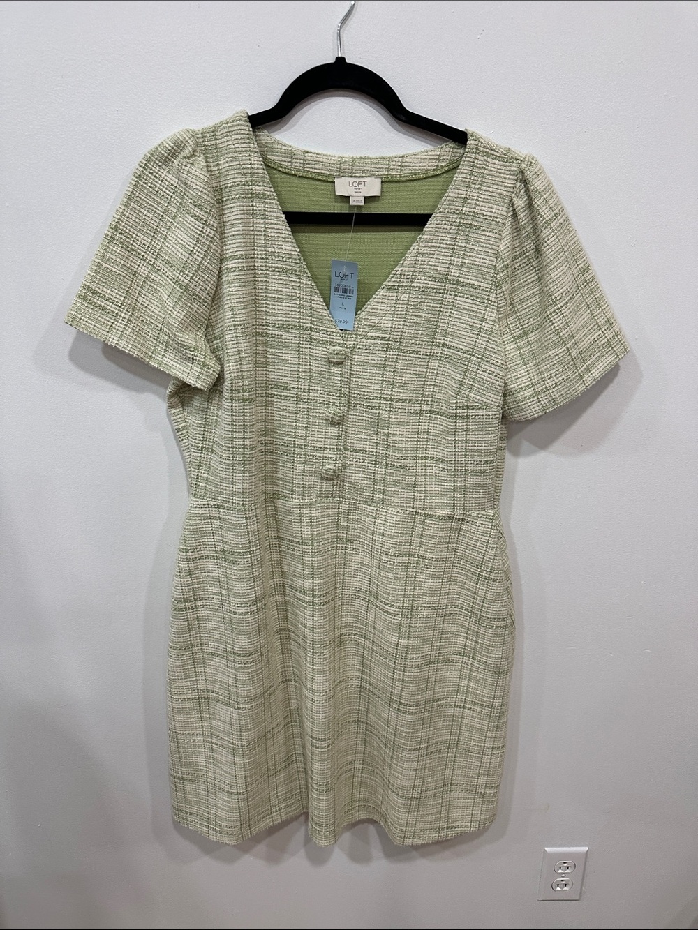 LOFT Green Plaid V-Neck Short Sleeve Mini Dress